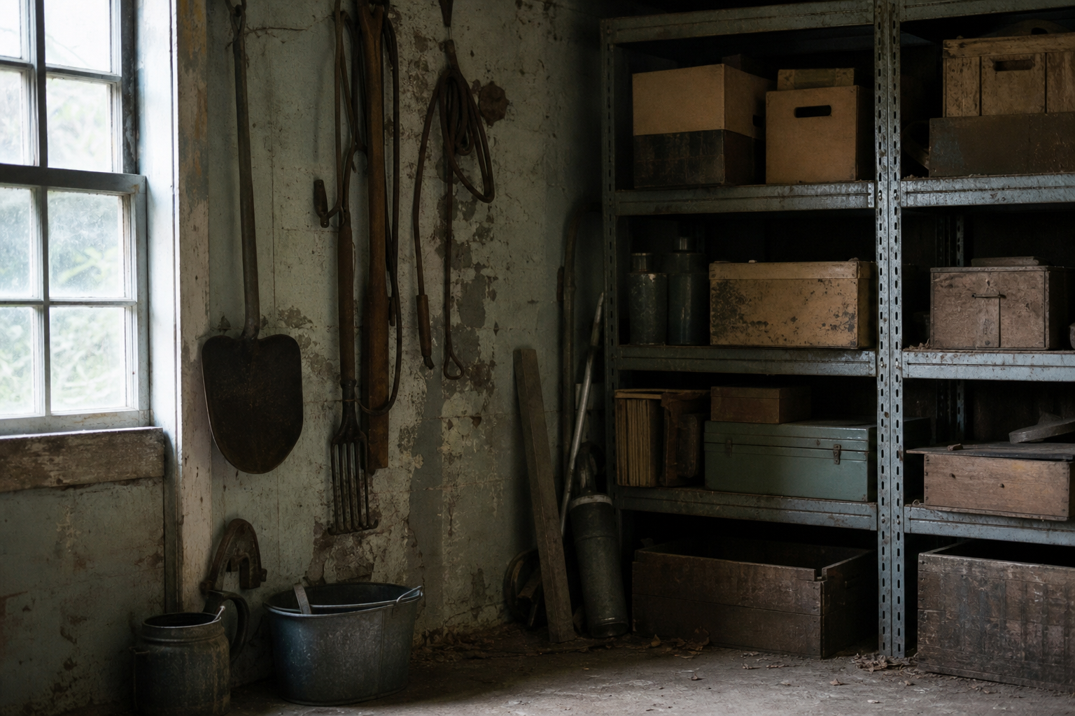 A forgotten corner of storage shelves with boxes and muted light